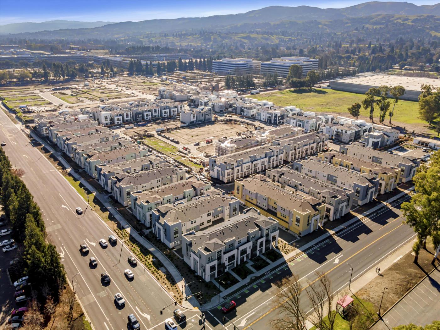 Aerial view of new homes in city village